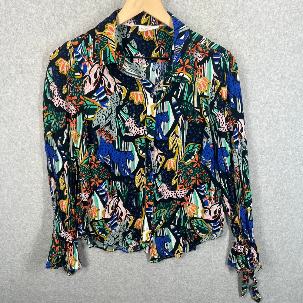 Anthropologie Margaret Jeane Jungle Daydream Blouse Womens 4 Jungle Cat Tie Cuff